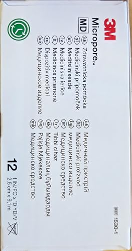 3M Micropore Surgical Tape White 1x10 Yards Pack of 12 - Hypoallergenic, Breathable, Gentle Skin