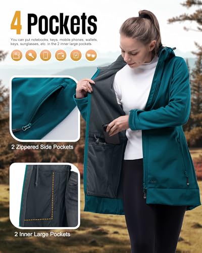 Women's Waterproof Fleece-Lined Softshell Rain Jacket with Hood - 33,000ft, Large Teal