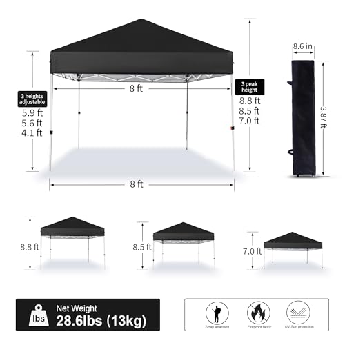 8x8 ft Pop Up Canopy Tent with Backpack Bag Waterproof Portable Sun Shelter Black