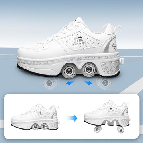 Unisex 2-in-1 Retractable Roller Skate Shoes - White Pink Blue, Size 4.5