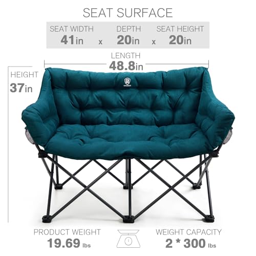 Ever Advanced Green Double Camping Chair with Padded Seat & Side Pocket - Supports 600lbs, Foldable, 2 Person Outdoor Couch, Upgraded 47.2x20.5x37.4