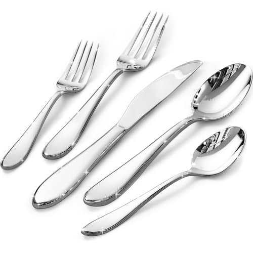 KINGSTONE 60-Piece Stainless Steel Silverware Set for 12, Modern Mirror Finish, Dishwasher Safe