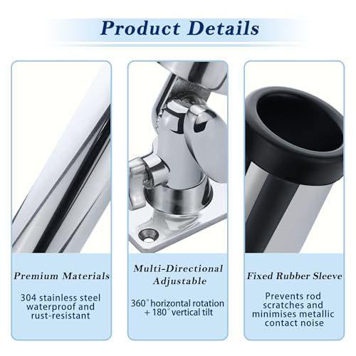 YANYUCB Silver Stainless Steel 360° Rotating Boat Fishing Rod Holder - 2 Pack