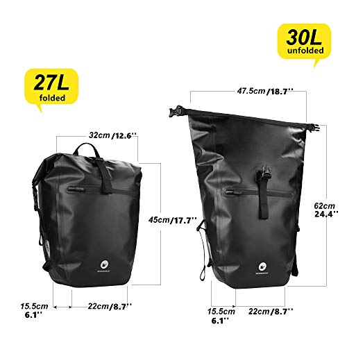 HUNTVP 27L Waterproof Bicycle Pannier Bag Backpack with Shoulder Strap - Black