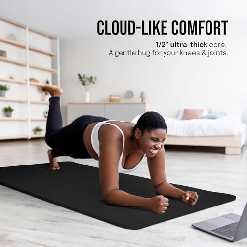 Extra Wide Yoga Mat 72 x 36 Inches Non Slip Cushion for Yoga & Pilates - Black + Extra Cushion (1/2 Inch Thick) with Strap