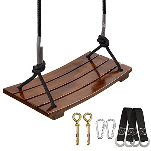Brown Wood Swing Seat for Adults & Kids - 16.9 x 7.9 in Carbonized Waterproof Outdoor Swing