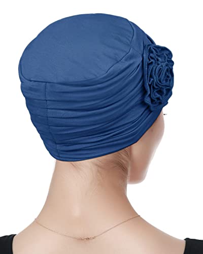 Chemo Hair Loss Cap for Women - Flower Design, Blue, One Size Headwear