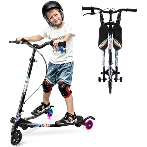 AODI Kids Foldable 3-Wheel Swing Scooter with LED Wheels & Adjustable Handlebar - Black