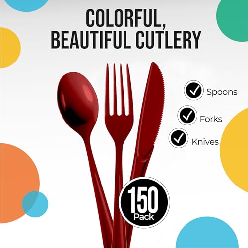 Burgundy Plastic Disposable Cutlery Set 150 Pcs - Forks Spoons Knives