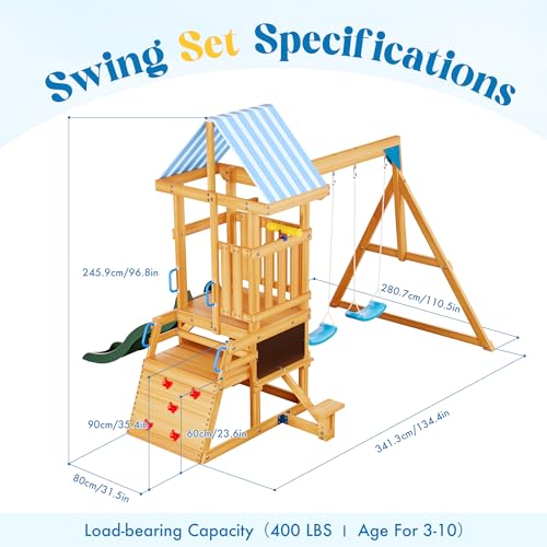 ROBUD Wooden Swing Set for Kids Backyard Play, 2 Swings & Slide