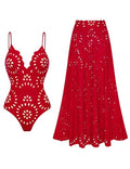 Women's Red Petal Hollow V-Neck One-Piece Swimsuit with Skirt - Medium
