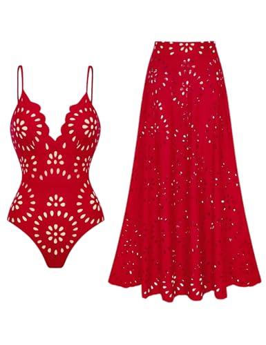Women's Red Petal Hollow V-Neck One-Piece Swimsuit with Skirt - Medium