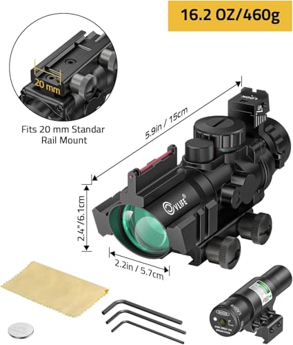 CVLIFE 4x32 Prism Rifle Scope with Green Laser & Circle Dot Reticle - Illuminated Red, Green, Blue & Fiber Optic Sight