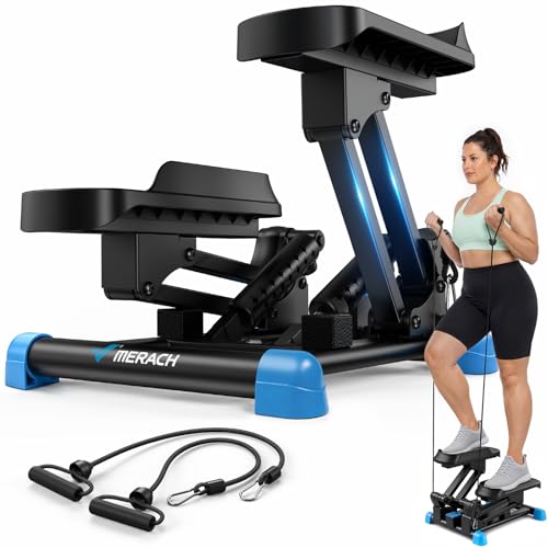 Mini Stepper Exercise Machine with Large Stride & Resistance Bands - Black & Blue