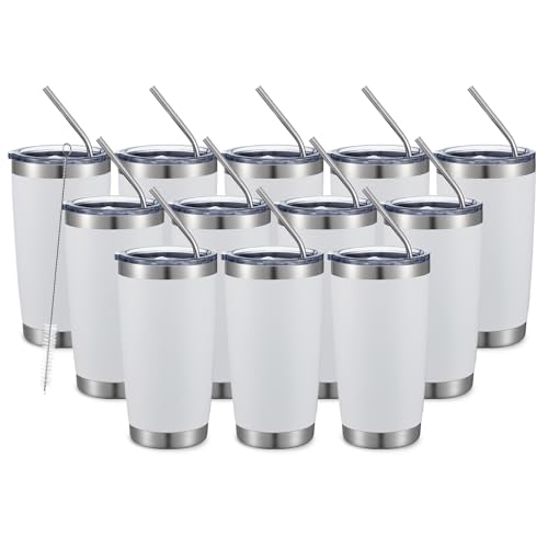White 20oz Double Wall Vacuum Insulated Travel Mug Set with Lids & Straws - 12 Pack