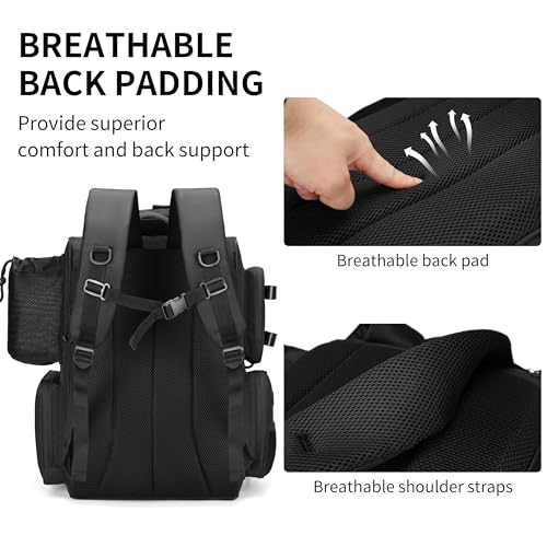 Fishing Tackle Backpack with Rod Holders & 4 Tackle Boxes - Black, 1600D Nylon