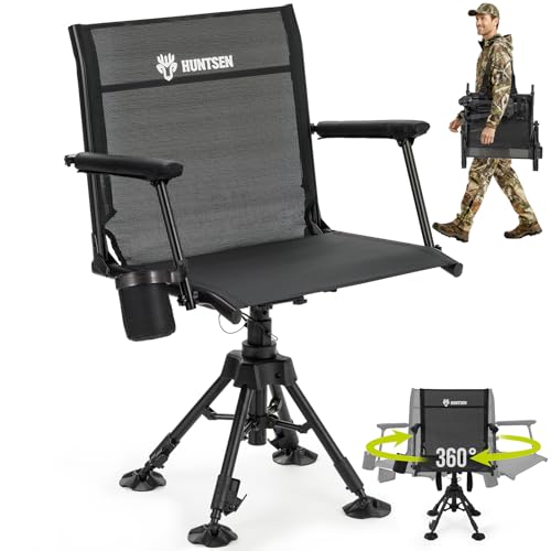 HUNTSEN Standard Edition 360° Silent Swivel Hunting Chair – Heavy Duty Ground Blind Seat with Adjustable Legs & Armrest, Supports 330lbs