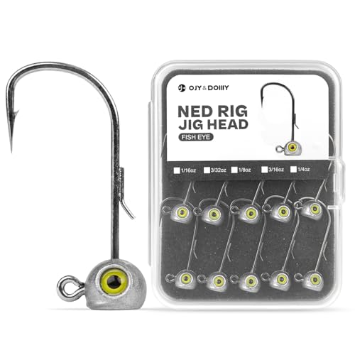 Natural Fish Eye Ned Rig Jig Heads 15-Pack - 1/16oz Chartreuse Eyes & Bait Keeper