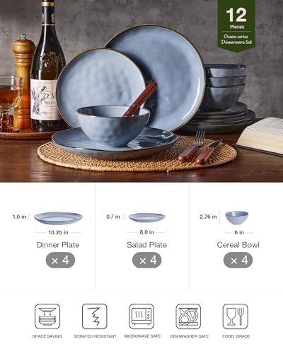 Famiware Ocean Blue 12-Piece Dinnerware Set for 4 | Plates & Bowls