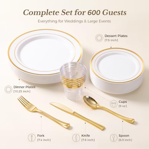 Gold Disposable Dinnerware Set for 100 Guests - 600 Pieces