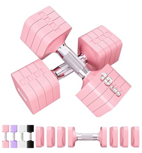 Pink Adjustable Dumbbell Set 10LB Each - Space-Saving Hand Weights for Women Men