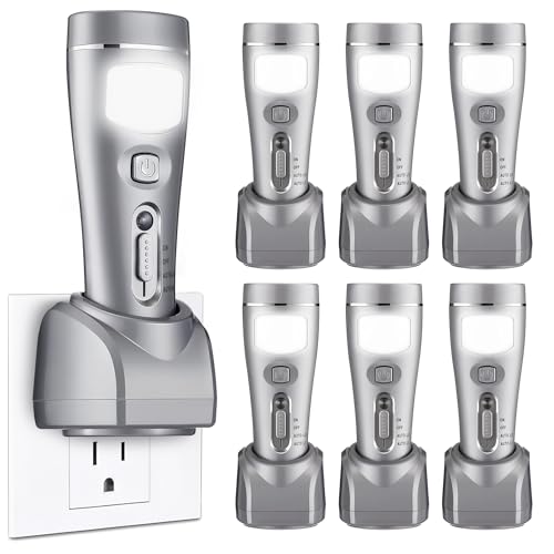 6 Pack Rechargeable Emergency Night Lights with Auto On Power Outage - Silver, Model 6