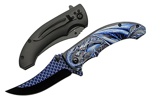 Blue Assisted Opening Folding Knife with Dragon Design - 8-Inch EDC Utility Knife