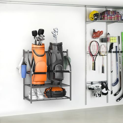 WALMANN Wall-Mounted Golf Bag Organizer with Rolling Storage Rack, Steel Frame