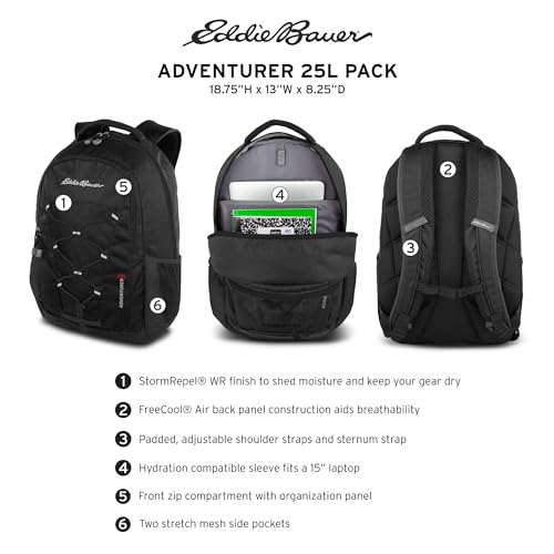 Eddie Bauer Adventurer 25L Backpack with Hydration & Laptop Sleeve, Black
