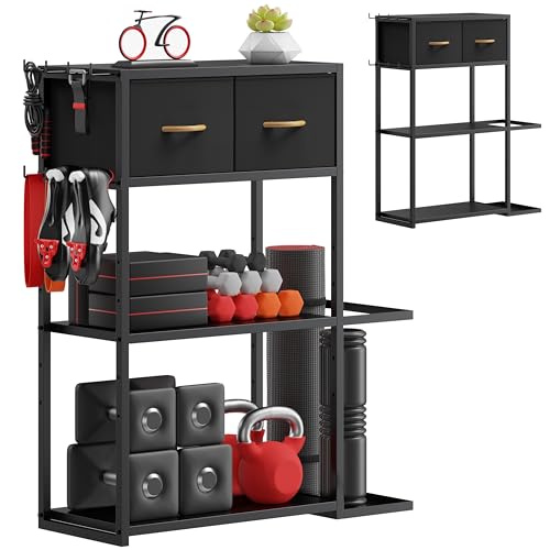 Adjustable Home Gym Storage Rack with Drawer - Heavy Duty Fitness Organizer