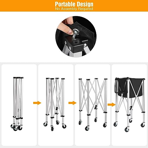 Silver Aluminum Portable Tennis Ball Hopper with 180 Capacity & 4 Wheels - Detachable Oxford Bag, Black