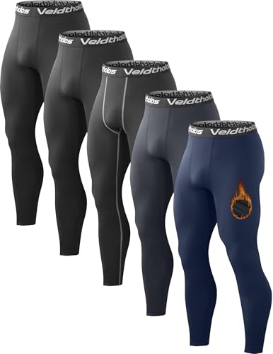 Men's Thermal Compression Pants with Fleece Lining - Blue Gray Black Large - Veldtholos