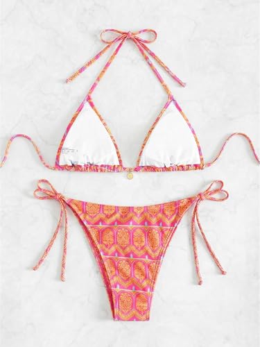Women's 2 Piece Floral Bikini Set - Pink Yellow Multi, X-Small, Geometric Halter String Triangle Swimsuit