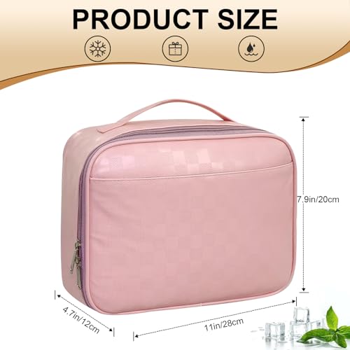 Pink PU Leather Lunch Bag for Women Men Reusable Insulated Cooler Tote