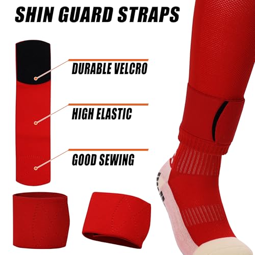 Soccer Grip Socks with Leg Sleeves - Anti-Slip Performance with Shin Guard Straps - One Size Red