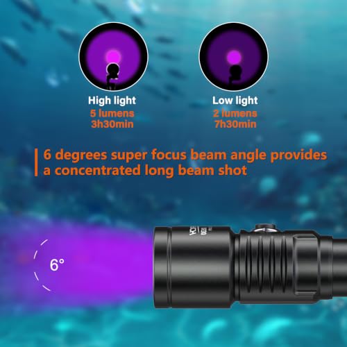 UV Dive Light 395nm Fluorescence Underwater Flashlight for Night Diving – Focused UV Beam, Safety Lock, Marine Inspection