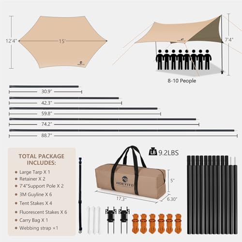 Khaki Waterproof Camping Tarp with Poles & Retainer 15x12.5FT Canopy Shelter