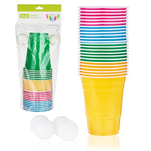 Neon Beer Pong Set with 24 Multicolor Cups & 4 Ping Pong Balls - Party Game