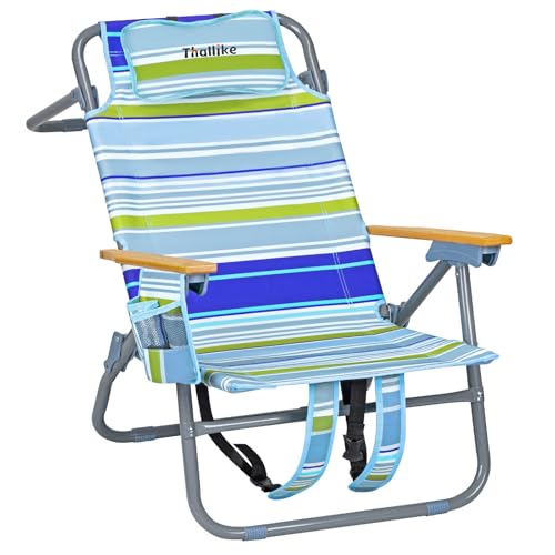 Thallike Blue Backpack Beach Chair with Wide Seat & High Back, 5-Position Recline, Supports 400 lbs, Portable with Cup Holder & Cooler Bag