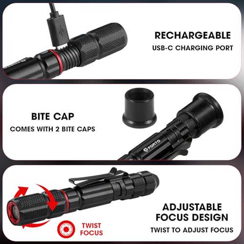 FORTO Black Rechargeable Pen Light 300 Lumens, IP67 Waterproof, USB-C, 2 Modes, Clip, Inspection & Emergency