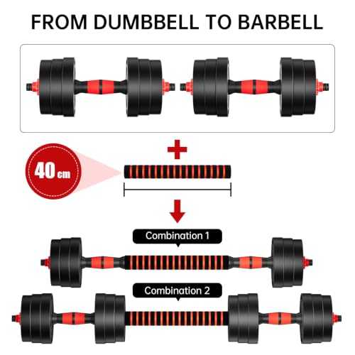 BCBIG Adjustable Dumbbell Set 30lb with Barbell Conversion - Red, Home Gym Equipment