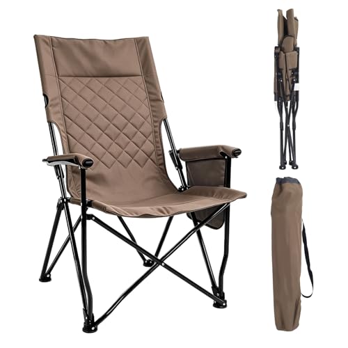 Khaki Portable Folding Camping Chair with High Back and Storage Bag