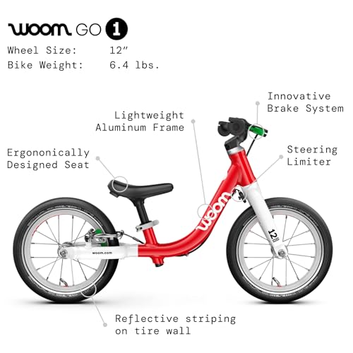 wOom Go 1+ 12-Inch Balance Bike for Toddlers, Red, Lightweight & Adjustable