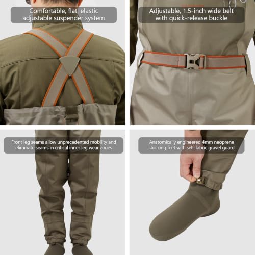 Men's Waterproof Breathable Fly Fishing Waders - Tan, 2X-Large, Stocking Foot