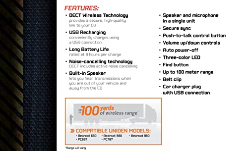 Uniden BC906W Wireless CB Microphone & Speaker, 100m Range, Noise-Canceling