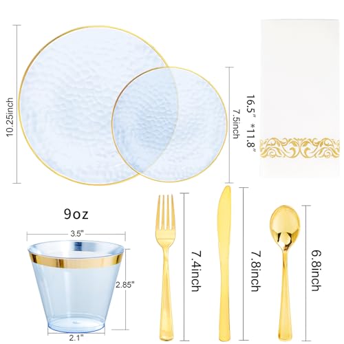 Blue Gold Rim Disposable Dinnerware Set - 175 Pcs for 25 Guests - Hammered Pattern