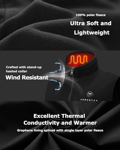 Venustas Men's Heated Fleece Vest Black Large with 6 Heating Zones & Battery