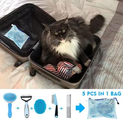 Skiennix Dog Brush Grooming Kit - 5PCS Set for Shedding, Flea Comb & Slicker Brush | Blue