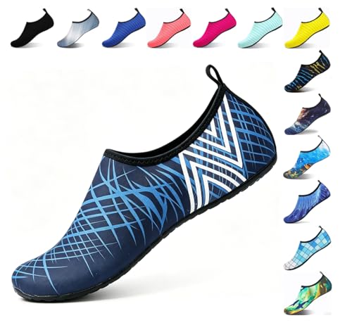 Water Shoes for Women Men Quick-Dry Non-Slip Aqua Socks Blue Chevron 13-14 3X-Wide