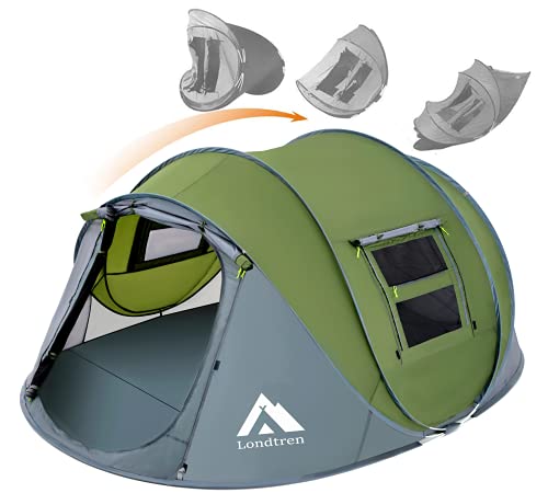 Londtren 4-Person Green & Grey Waterproof Pop-Up Family Tent with 2 Doors, Instant Setup for Camping Hiking